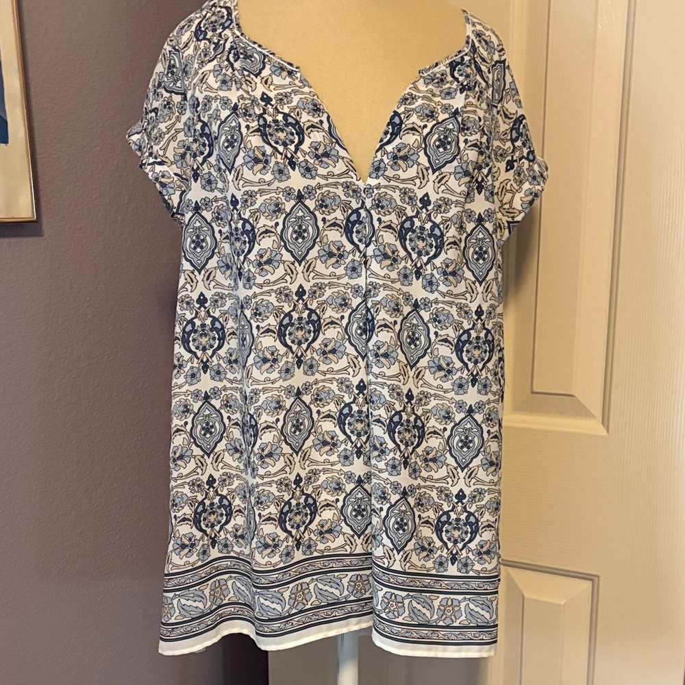 Max Studio Blue & White Printed Split-Neck Tunic